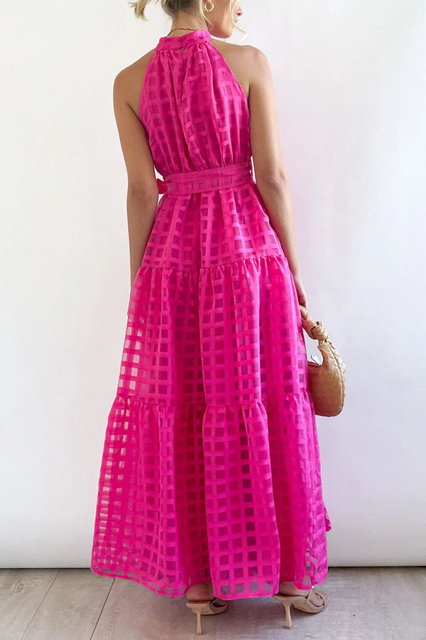 Elena Tulle Square Patterned Fabric Belted Halter Maxi Dress