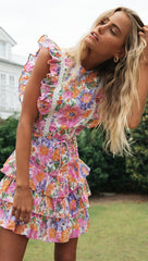 Pink Rose Floral Frill Backless Dress