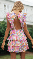 Pink Rose Floral Frill Backless Dress