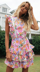 Pink Rose Floral Frill Backless Dress