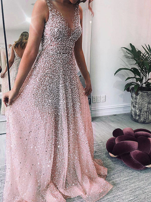 Sparkling V-Neck Mesh Party Sequin Dress