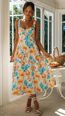Nectarine Floral Shoulder Tie Midi Dress