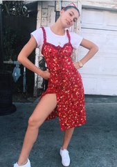 Red Floral Button Down Long Dress