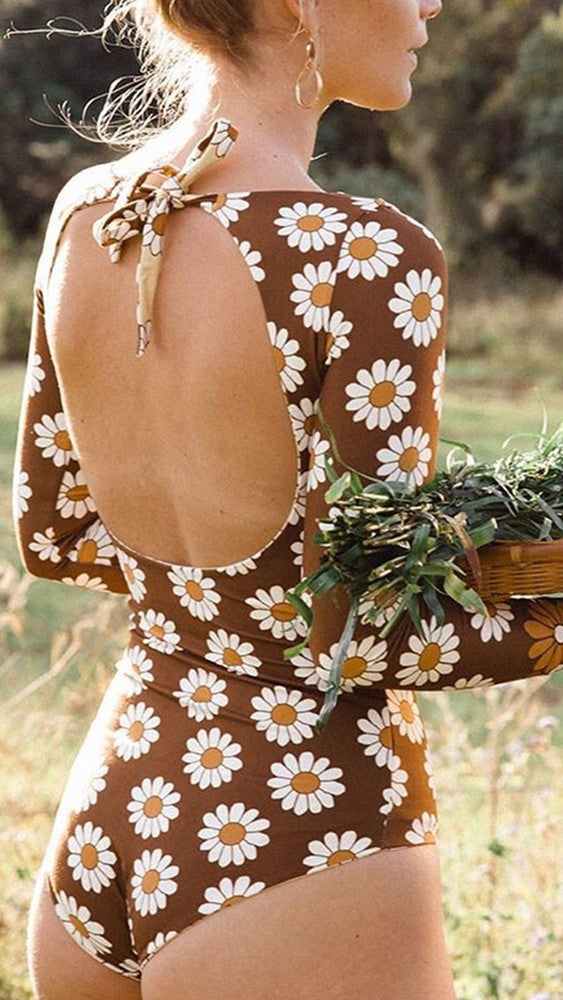 Rückenfreier Surf-Badeanzug mit Sonnenblumen-Print