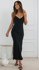 Black Solid V Neck Midi Dress