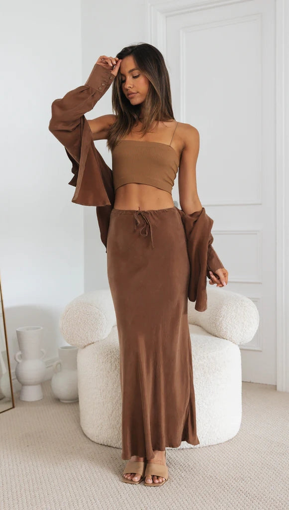 Coffee Solid Waist Tie Midi Skirts