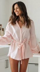 Blush Pinstriped Long Sleeves Mini Dress