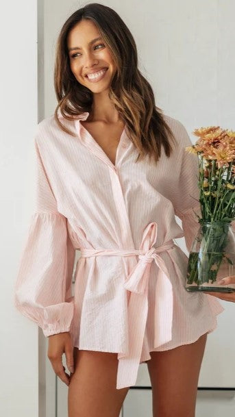 Blush Pinstriped Long Sleeves Mini Dress