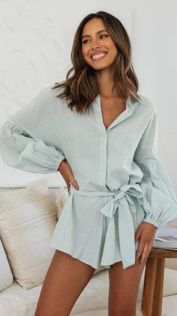 Light Green Waist Tie Romper