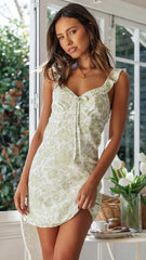 Green Floral Back Tie Mini Dress