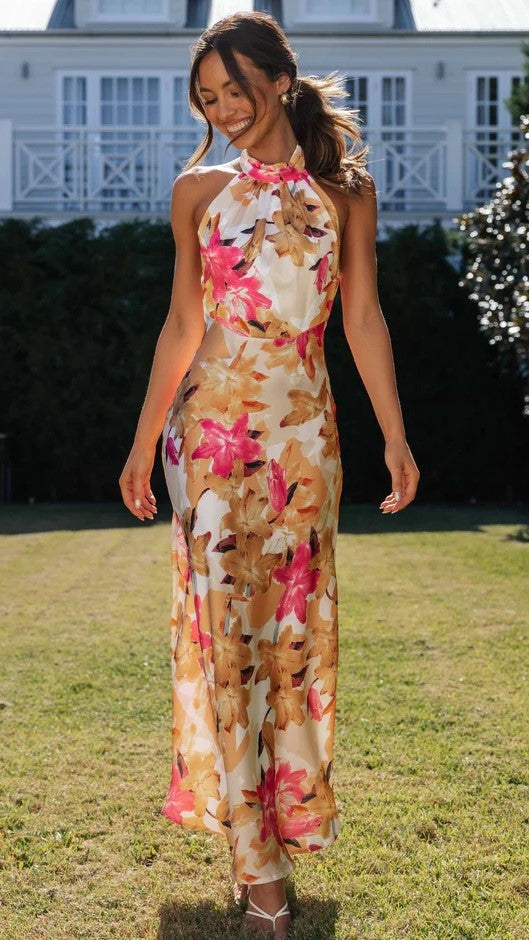 Pink Floral Satin Halter Maxi Dress