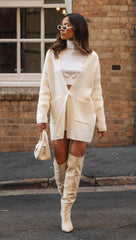Cream Knit Patched Pockets Cardigan