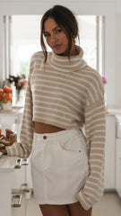 Khaki Striped Knit Crop Sweater
