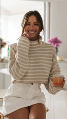 Khaki Striped Knit Crop Sweater