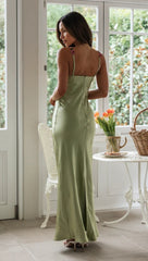 Green Satin Floral Trim Maxi Dress