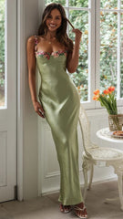 Green Satin Floral Trim Maxi Dress