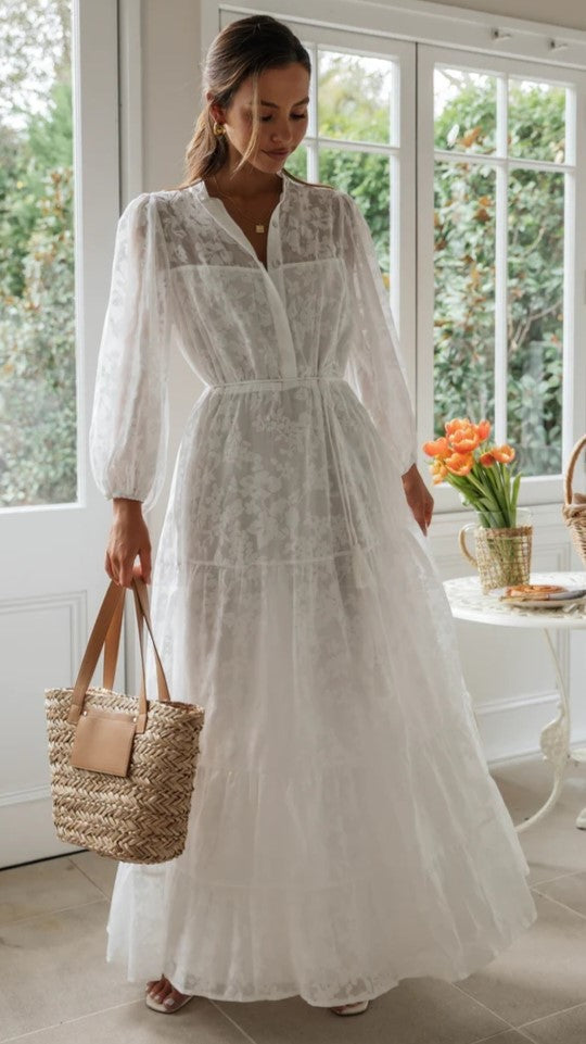 White Long Sleeves Maxi Dress
