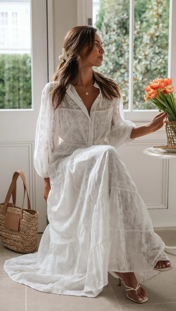 White Long Sleeves Maxi Dress