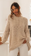 Beige Ribbed Knit Sweater