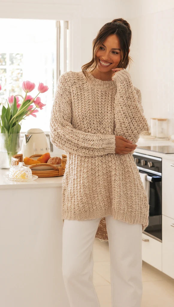Beiger Rippstrickpullover