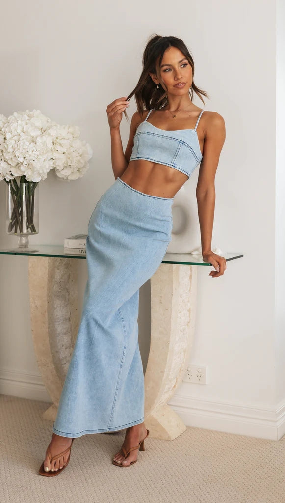 Light Blue Denim Midi Skirts