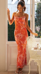 Orange Red Floral Slip Midi Dress