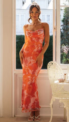 Orange Red Floral Slip Midi Dress
