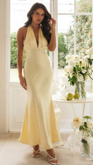 Yellow Halter Satin Midi Dress