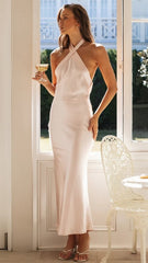 Cream Halter Neck Satin Midi Dress