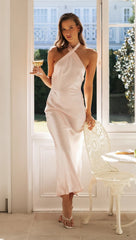 Cream Halter Neck Satin Midi Dress