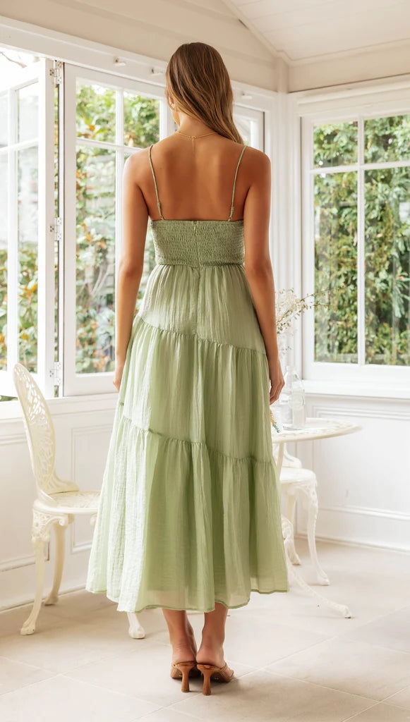 Green Solid Slip Midi Dress