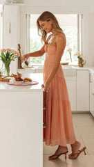 Coral Pink Solid Slip Midi Dress