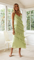 Green Ruffled Sleeveless Midi Dress