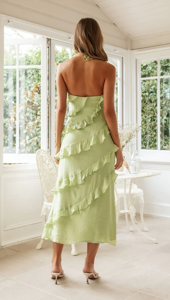 Green Ruffled Sleeveless Midi Dress