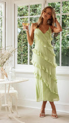 Green Ruffled Sleeveless Midi Dress