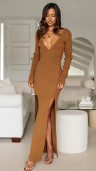 Camel Long Sleeves Knit Midi Dress