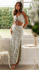 Navy Blue Floral Midi Skirts