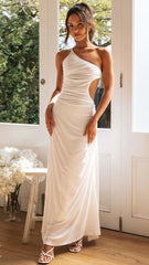 White One Shoulder Pleated Midi Dress