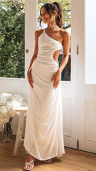 White One Shoulder Pleated Midi Dress