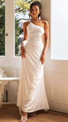 White One Shoulder Pleated Midi Dress