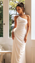 White One Shoulder Pleated Midi Dress
