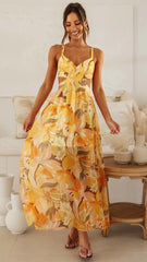 Orange Floral Sleeveless Midi Dress
