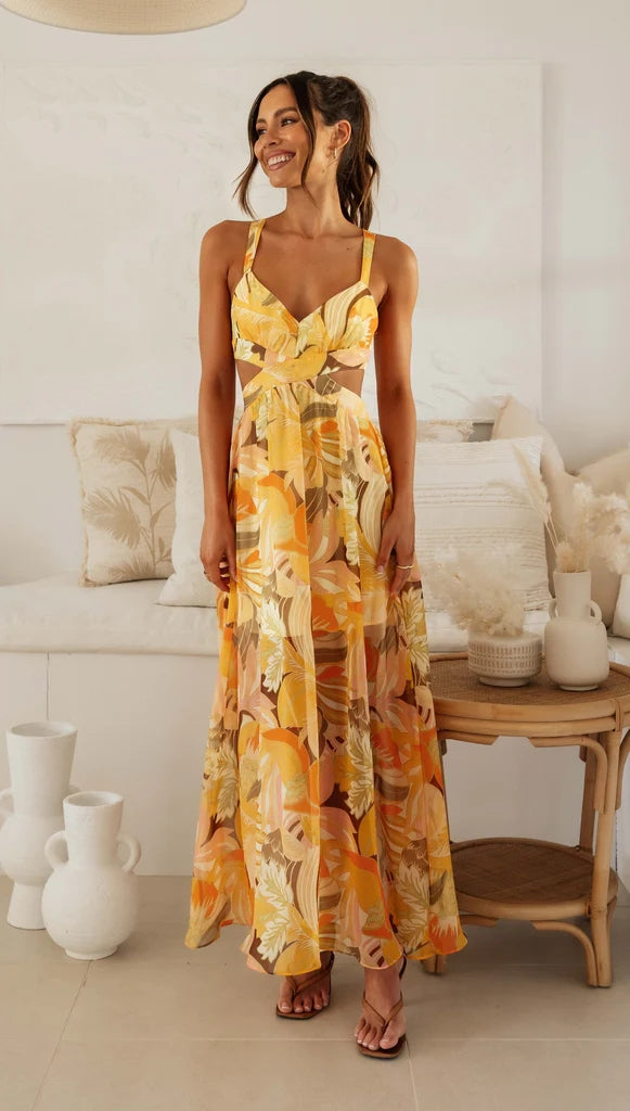 Orange Floral Sleeveless Midi Dress