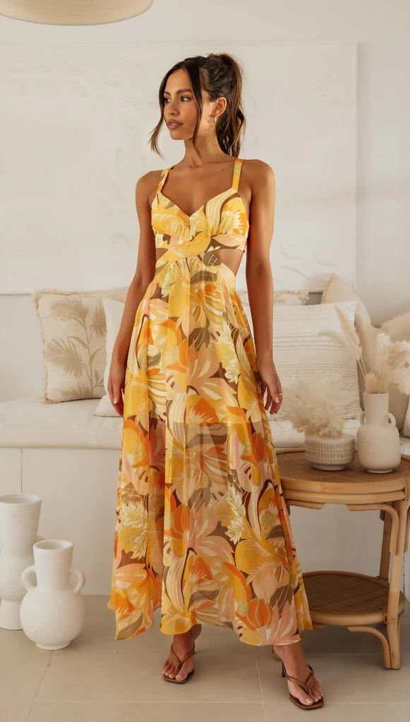 Orange Floral Sleeveless Midi Dress