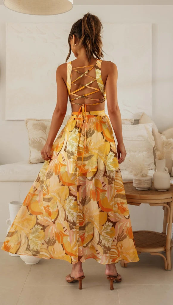 Orange Floral Sleeveless Midi Dress
