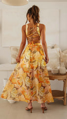 Orange Floral Sleeveless Midi Dress