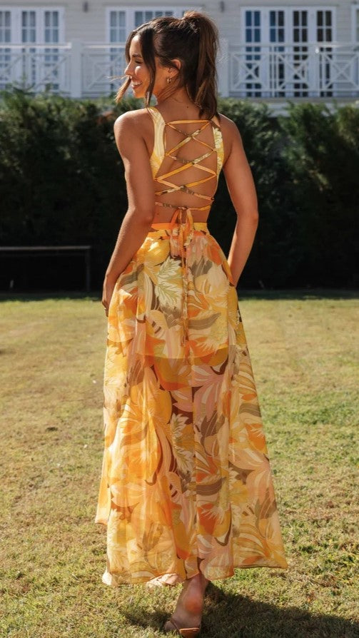Orange Floral Sleeveless Midi Dress