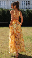 Orange Floral Sleeveless Midi Dress
