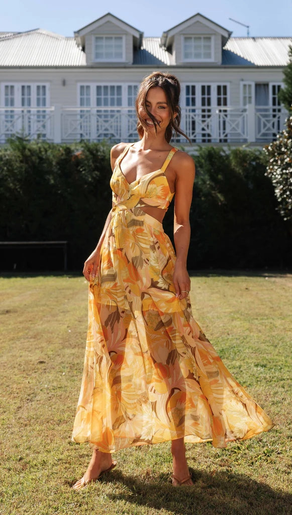 Orange Floral Sleeveless Midi Dress