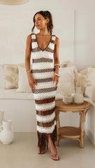 Brown Striped Knit Midi Dress